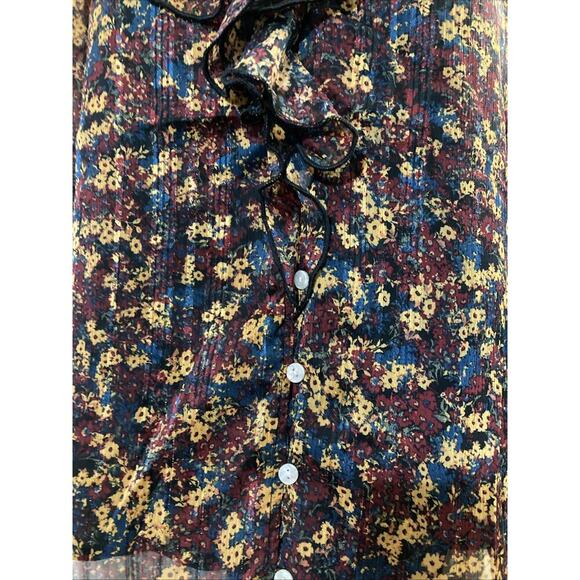 Frye Women’s Floral Button Up Blouse Sz S New Ruffle Western Peasant Red Gold - Picture 3 of 9